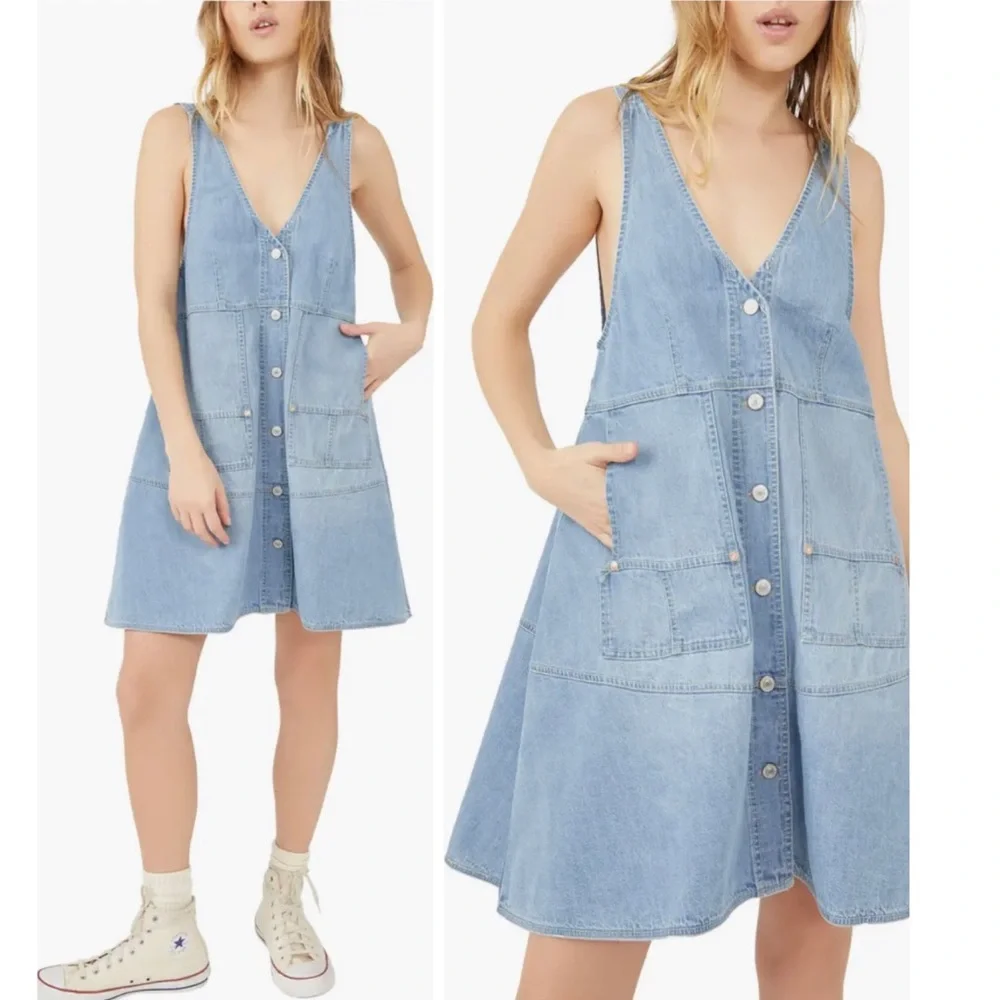 FREE PEOPLE Blue Bloom Pocket Full of Sunshine Denim Button-Up Shift Dress M - Picture 1 of 9